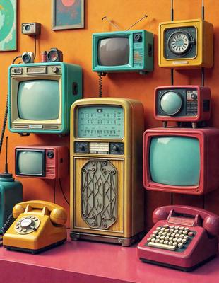 The primary subject of the image is a collection of old-fashioned TVs and radios. These vintage devices are displayed in various colors and sizes, creating a visually interesting scene. The setting is a room with an orange wall, which serves as the backdrop for the TVs and radios. The visual style of the image is a combination of photo and digital art, as it captures the nostalgic atmosphere of the vintage electronics. The colors and mood of the image are predominantly warm and inviting, with the orange wall adding a touch of warmth to the scene.